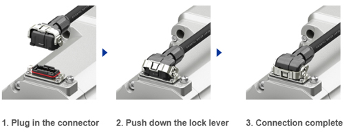 Plug in connector, push down lock lever to complete connection