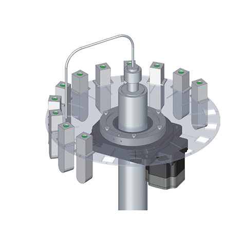 Wiring and piping are simplified using the tables large-diameter hollow hole, Example: Filling equipment with piped liquid 